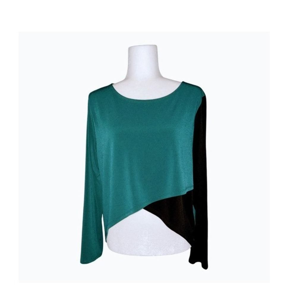 Lisa Bayne Green Black Colorblock Asymmetrical Hem Long Sleeve Top Large‎ USA
